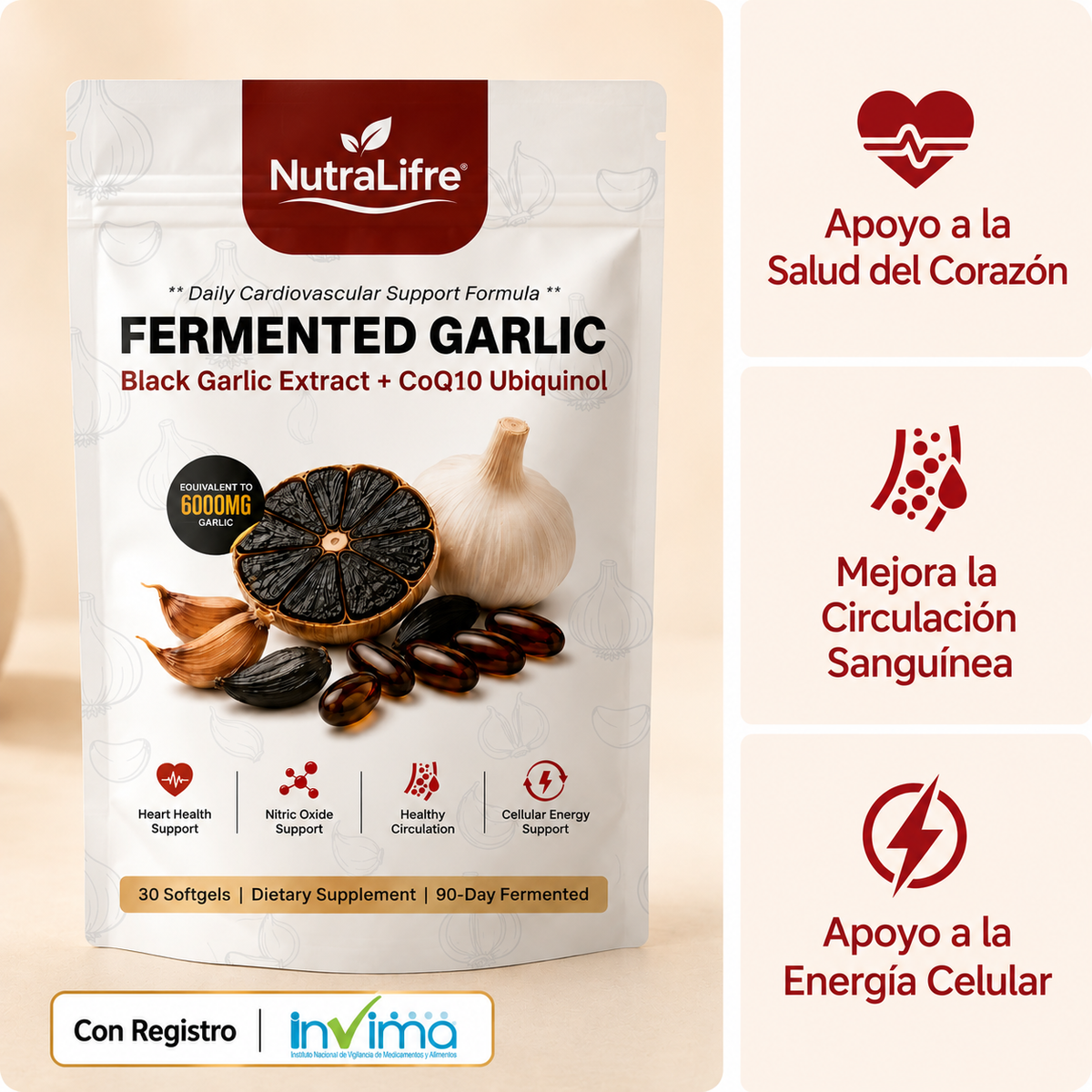 Extracto de ajo negro fermentado EverWell® + CoQ10 Ubiquinol - Cápsulas blandas inodoras de 6000 mg