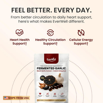 Extracto de ajo negro fermentado EverWell® + CoQ10 Ubiquinol - Cápsulas blandas inodoras de 6000 mg